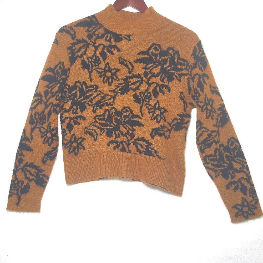 Cliche Mock Neck Floral Sweater Rust Brown Black Jacquard Knit Top Small 23036IB